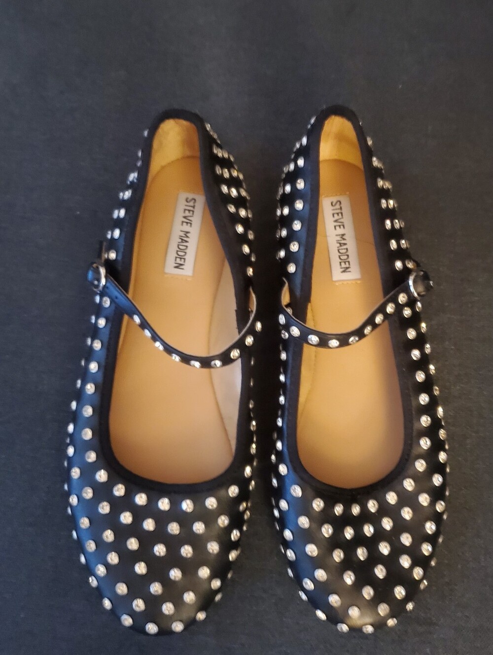 Steve Madden Vinetta Black Rhinestone Studded Mary Jane Flats NWOB